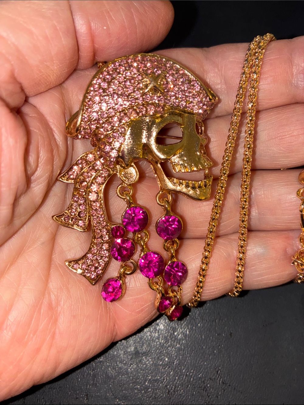 Pink Crystal Pirate Skull Pendant/Brooch Dangling Beads Necklace